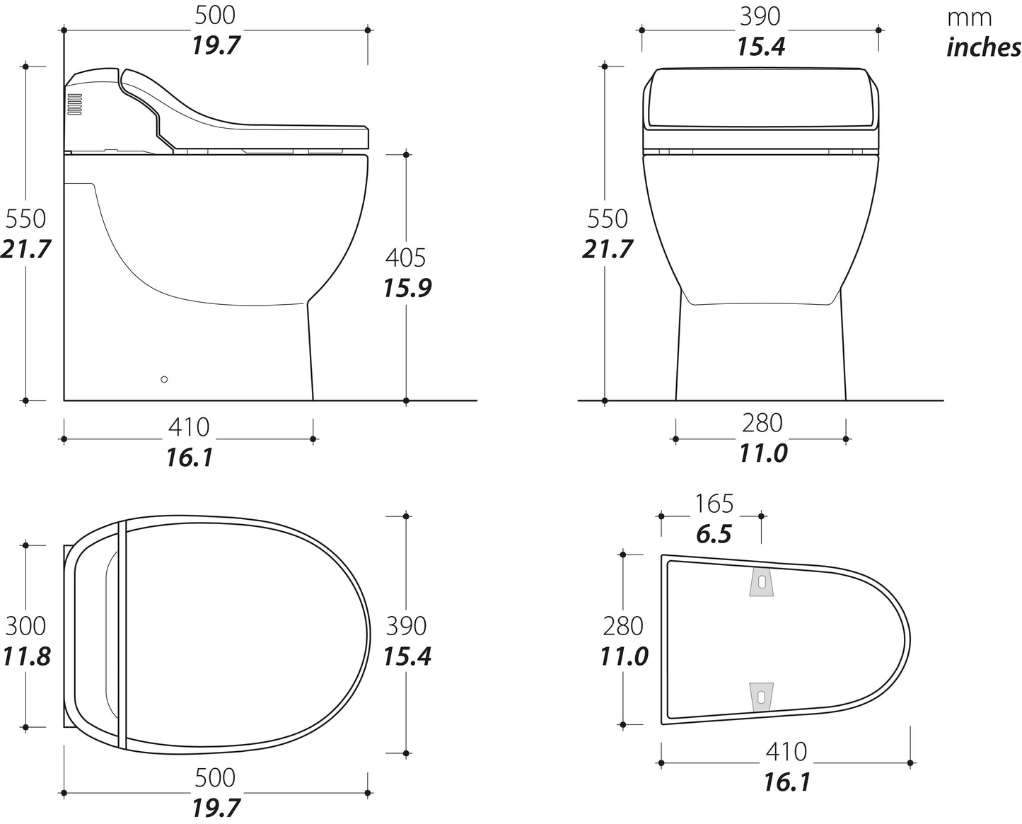 Tecma E-Breeze Toilette 24V mit Bidet, Heizung, Trockner, Softclose, All in one 2 Tasten, Magnetventil